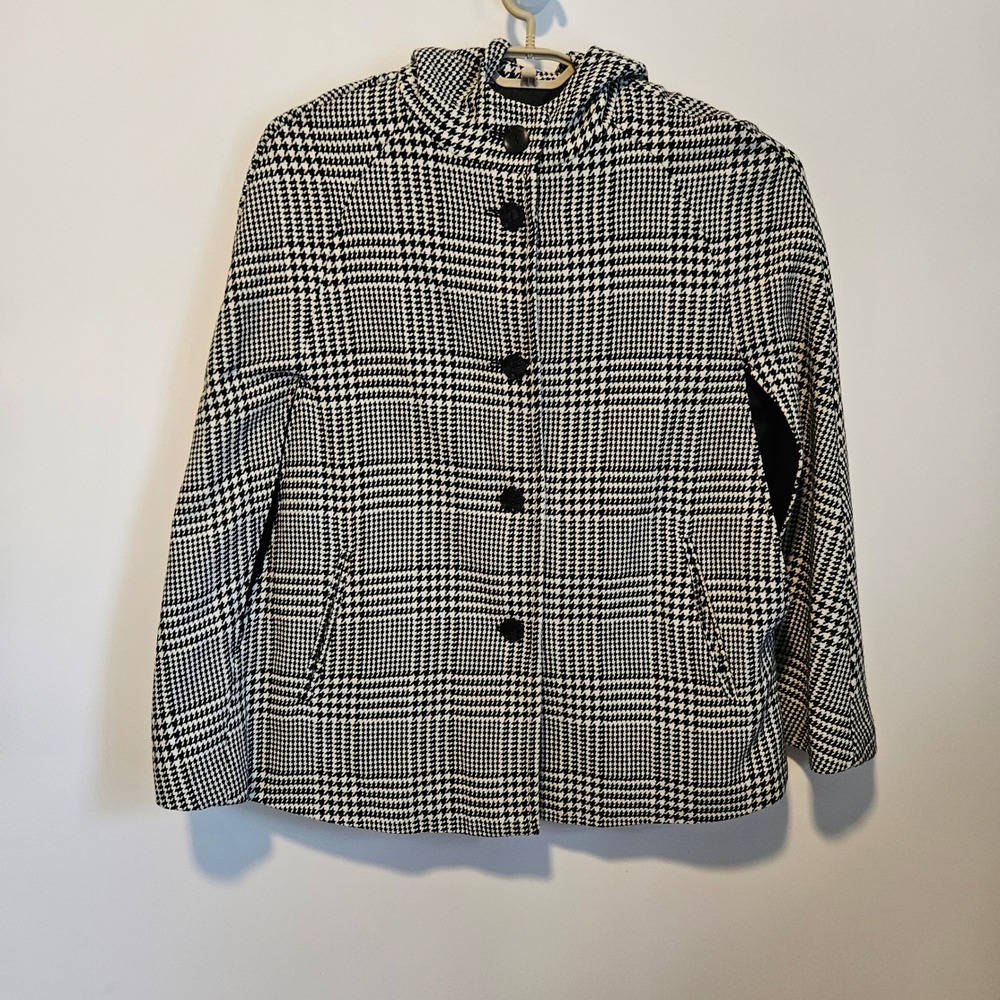 Talbots Houndstooth Hooded Cape Coat Poncho Womens L/XL Black White Plaid Wool